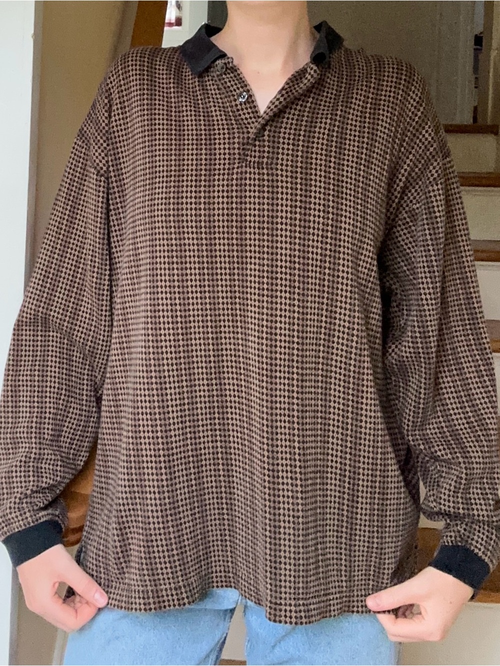 Men's Brown Houndstooth Long-Sleeve Polo Shirt